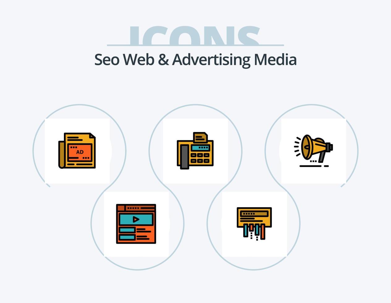 Seo web y línea de medios publicitarios llenos de iconos paquete 5 diseño de iconos. directorio telefónico. papel. móvil. periódico. recibiendo sms vector