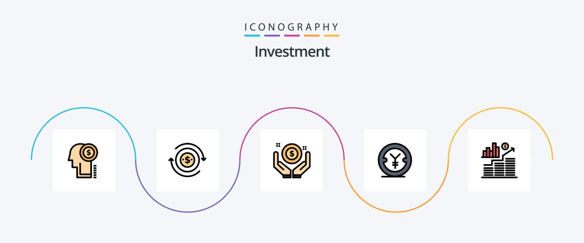 Investment Line Filled Flat 5 Icon Pack Including investment. money. business. yen. coin vector