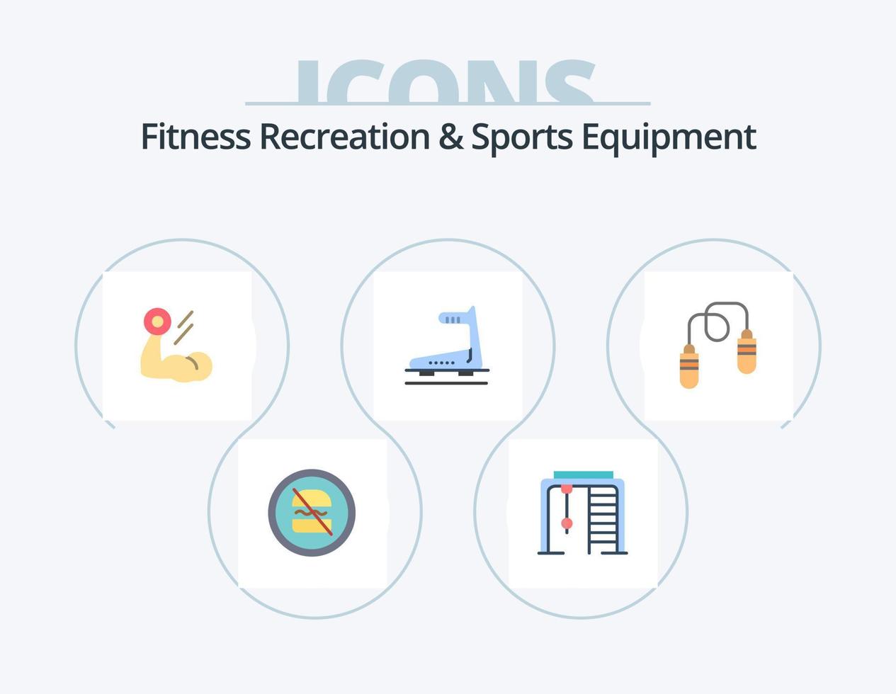 Recreación de fitness y equipo deportivo paquete de iconos planos 5 diseño de iconos. rueda de andar. correr. juego. máquina. músculo vector