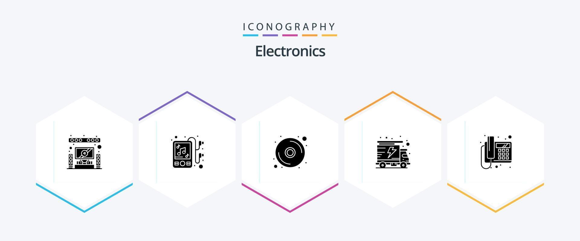 paquete de iconos de 25 glifos de electrónica que incluye . teléfono. disco. teléfono. camión vector