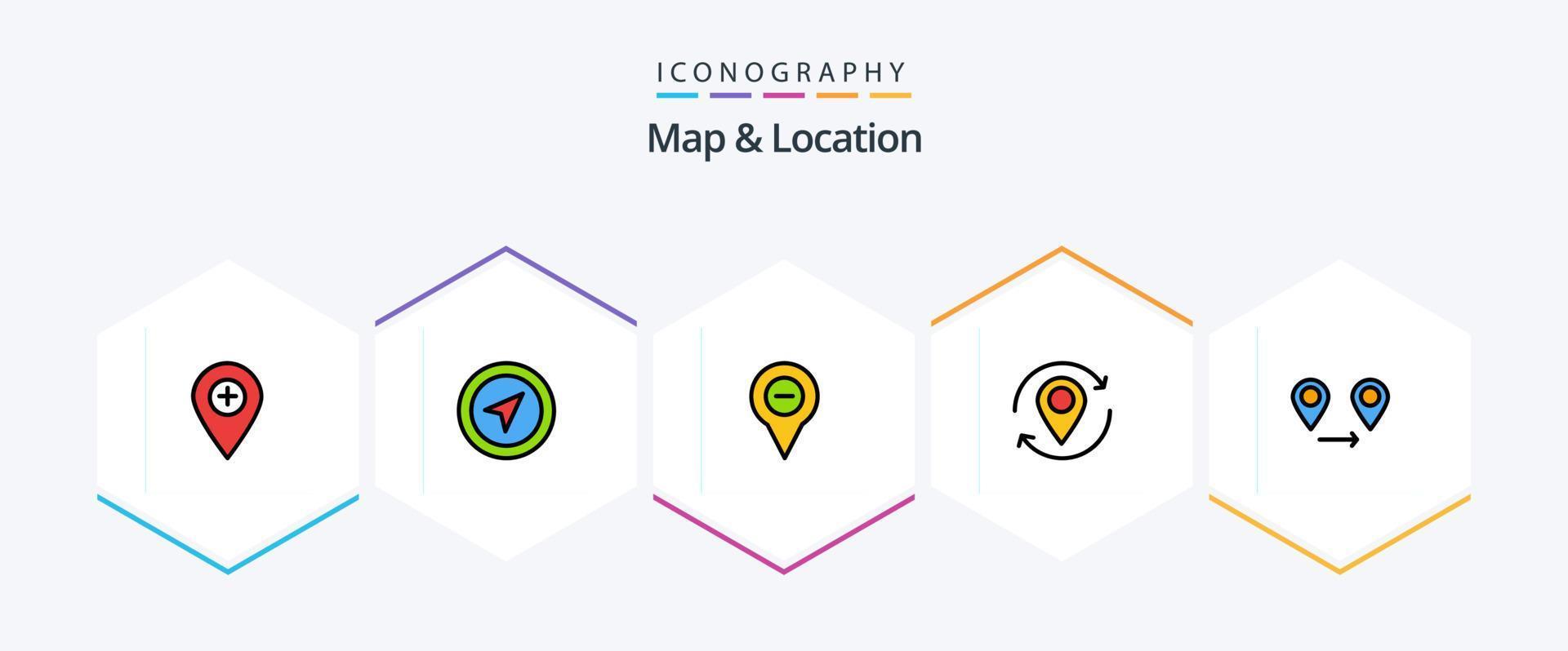 Map and Location 25 FilledLine icon pack including marker. location. pin. arrow. pin vector