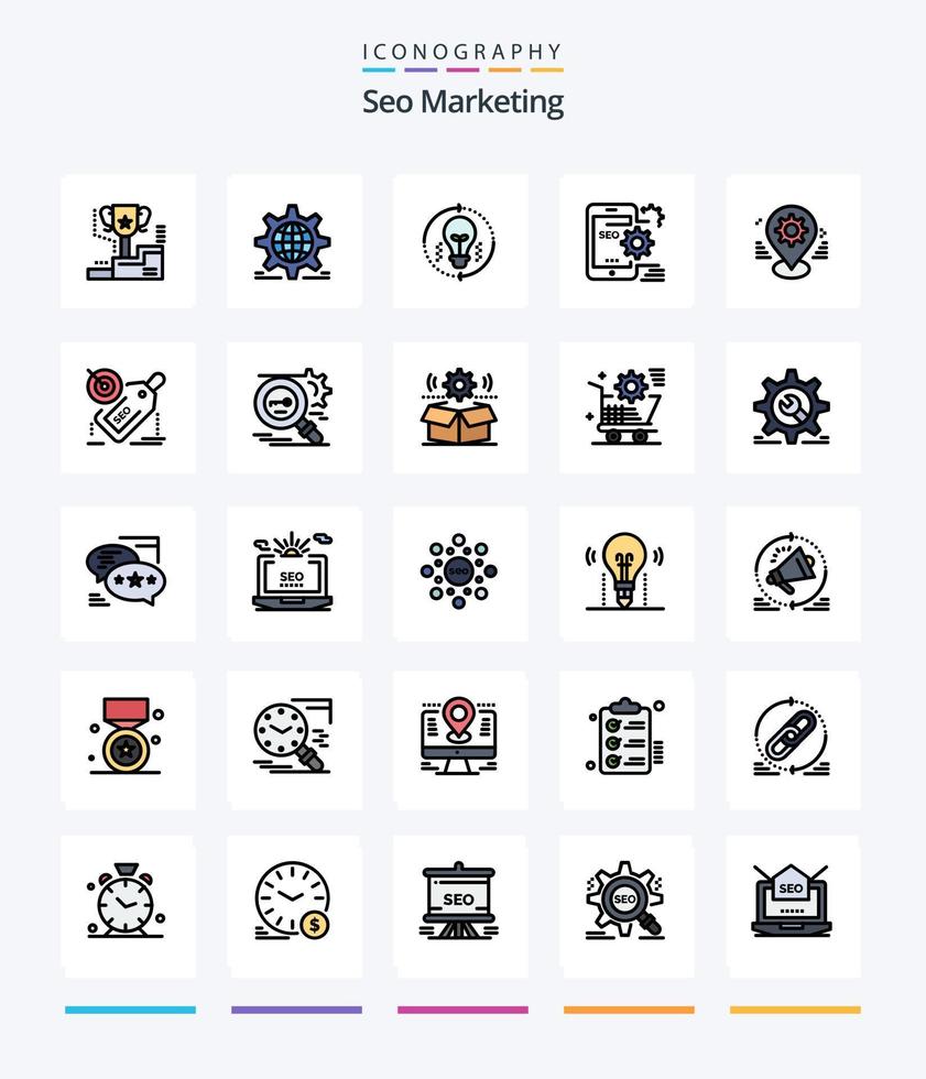 paquete de iconos rellenos de 25 líneas de marketing seo creativo, como optimizar. SEO globo. actualizar. luz vector