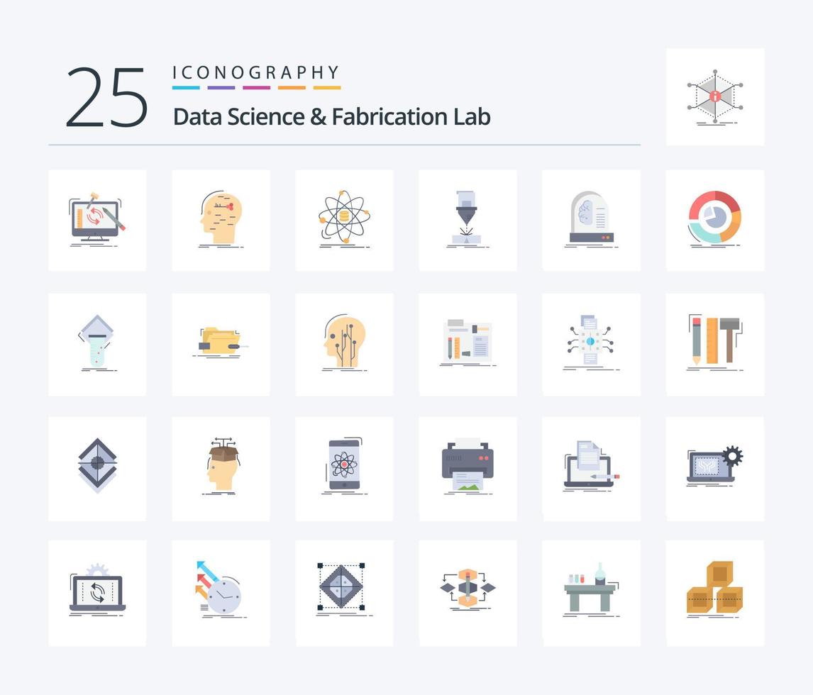 Data Science And Fabrication Lab 25 Flat Color icon pack including fabrication. cutting. key. science. information vector