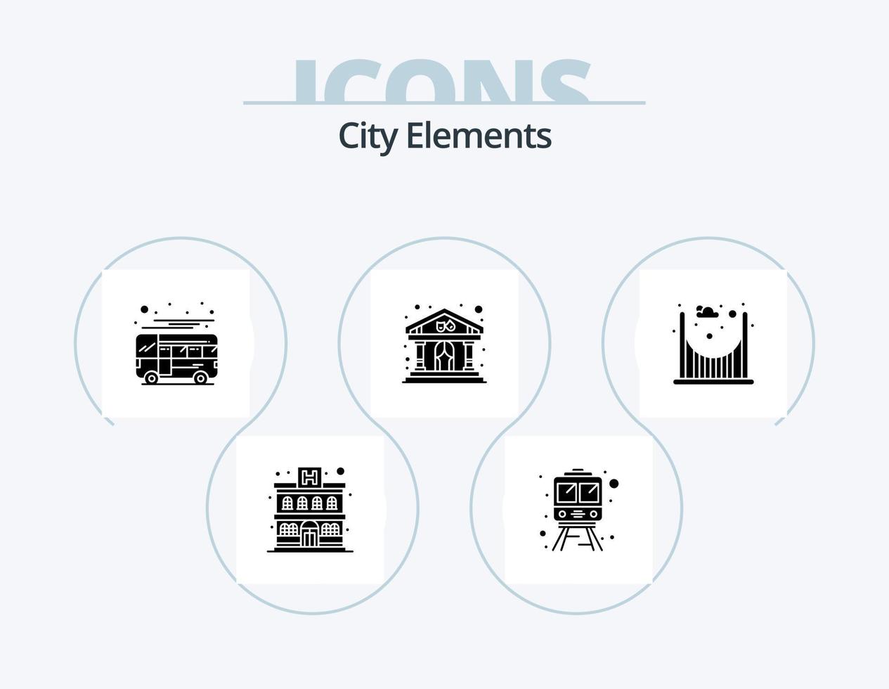 diseño de iconos del paquete de iconos de glifo de elementos de la ciudad 5. paso. puente. entrenador. edificio. espectáculo vector