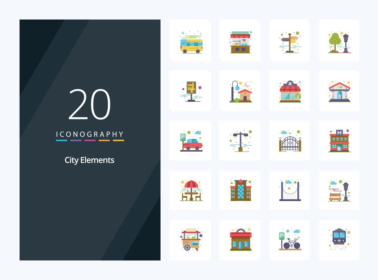 20 City Elements Flat Color icon for presentation vector