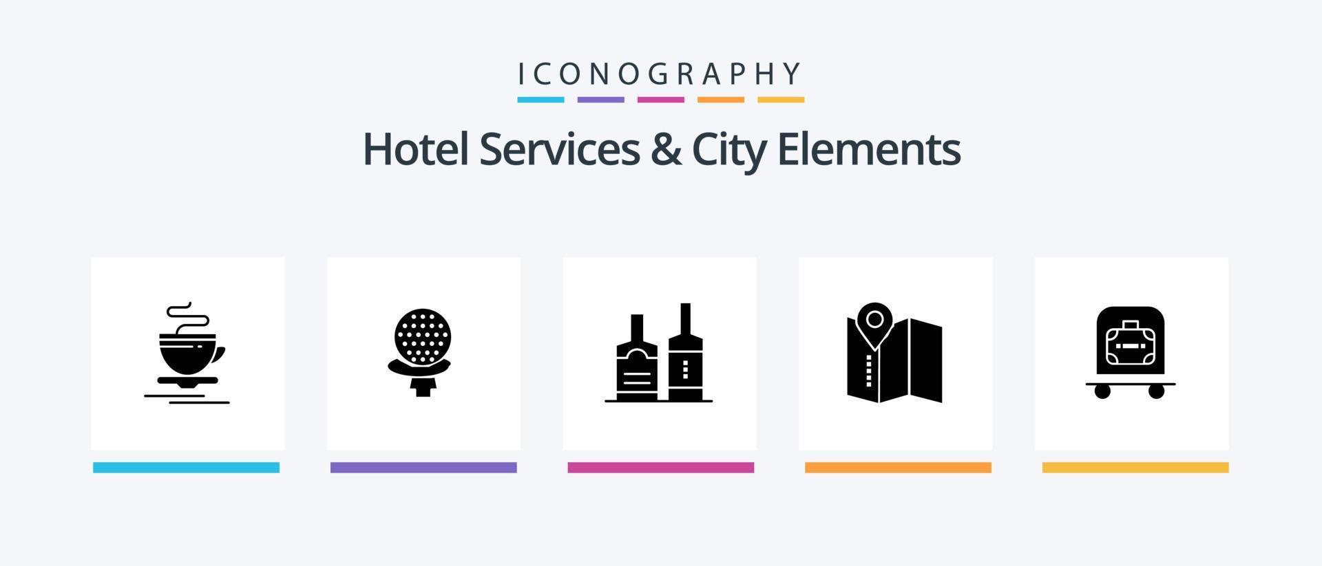 servicios de hotel y elementos de la ciudad paquete de iconos de glifo 5 que incluye tranvía. hotel. alcohol. servicio. ubicación. diseño de iconos creativos vector