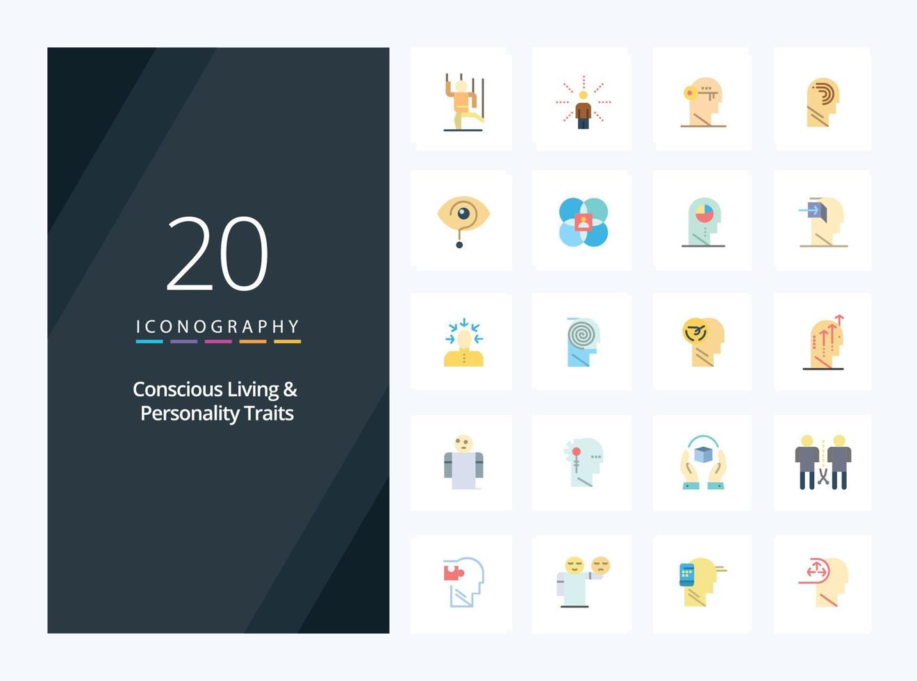 20 rasgos de personalidad y vida consciente icono de color plano para presentación vector