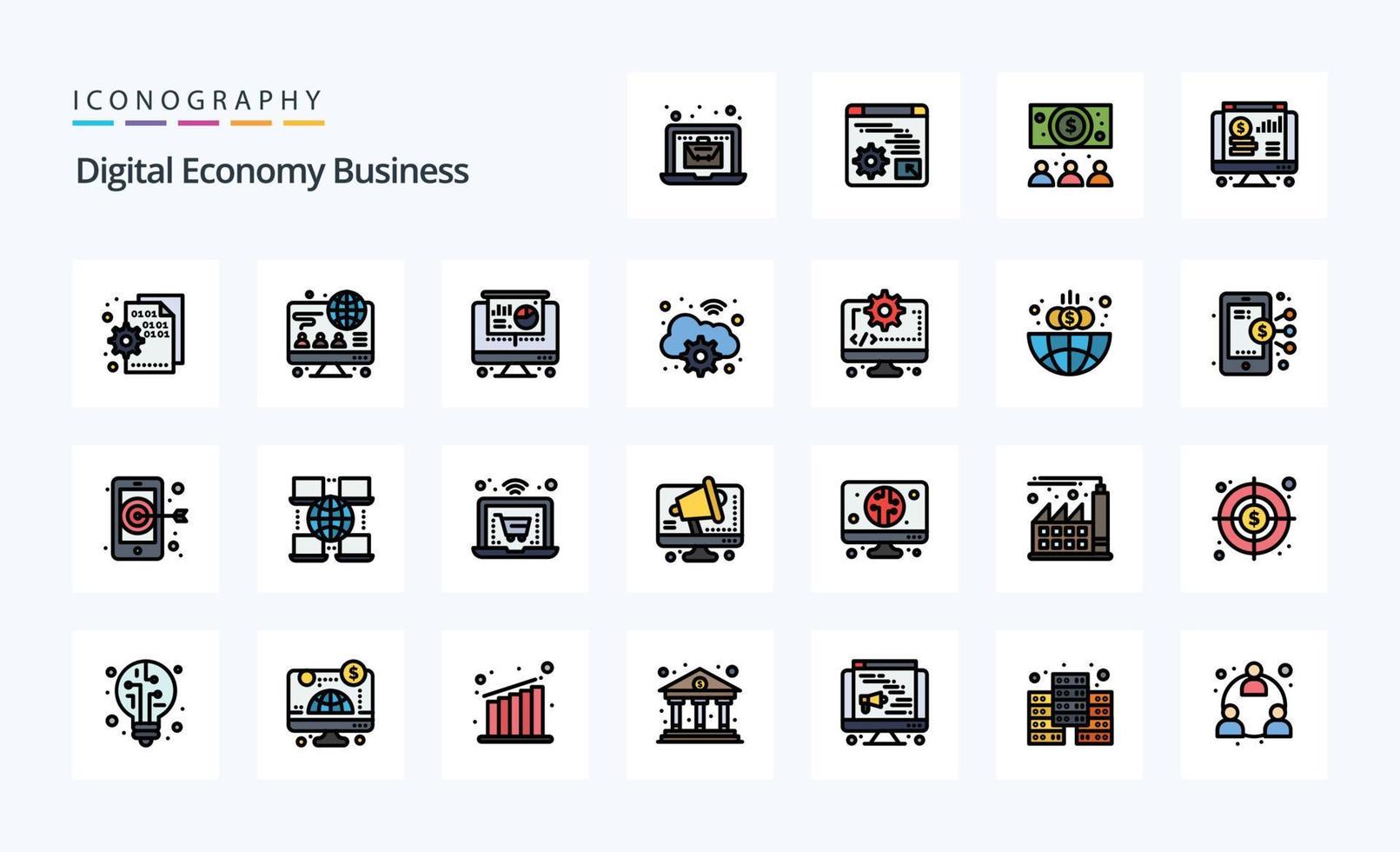 25 Digital Economy Business Line Filled Style icon pack vector