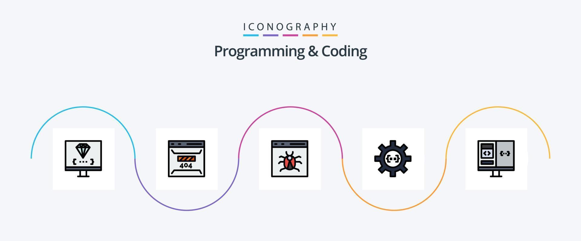 Programming And Coding Line Filled Flat 5 Icon Pack Including develop. coding. page. development. bug vector