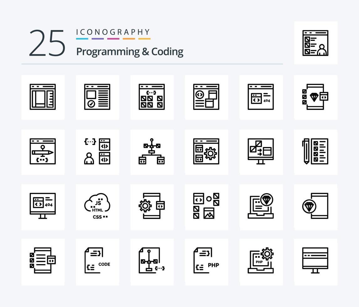 Programming And Coding 25 Line icon pack including develop. app. development. development. coding vector