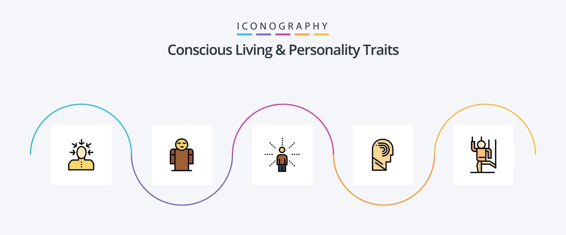 línea de vida consciente y rasgos de personalidad llenos de paquete de iconos planos 5 que incluye la mente. humano. persona. acceso. percepción vector