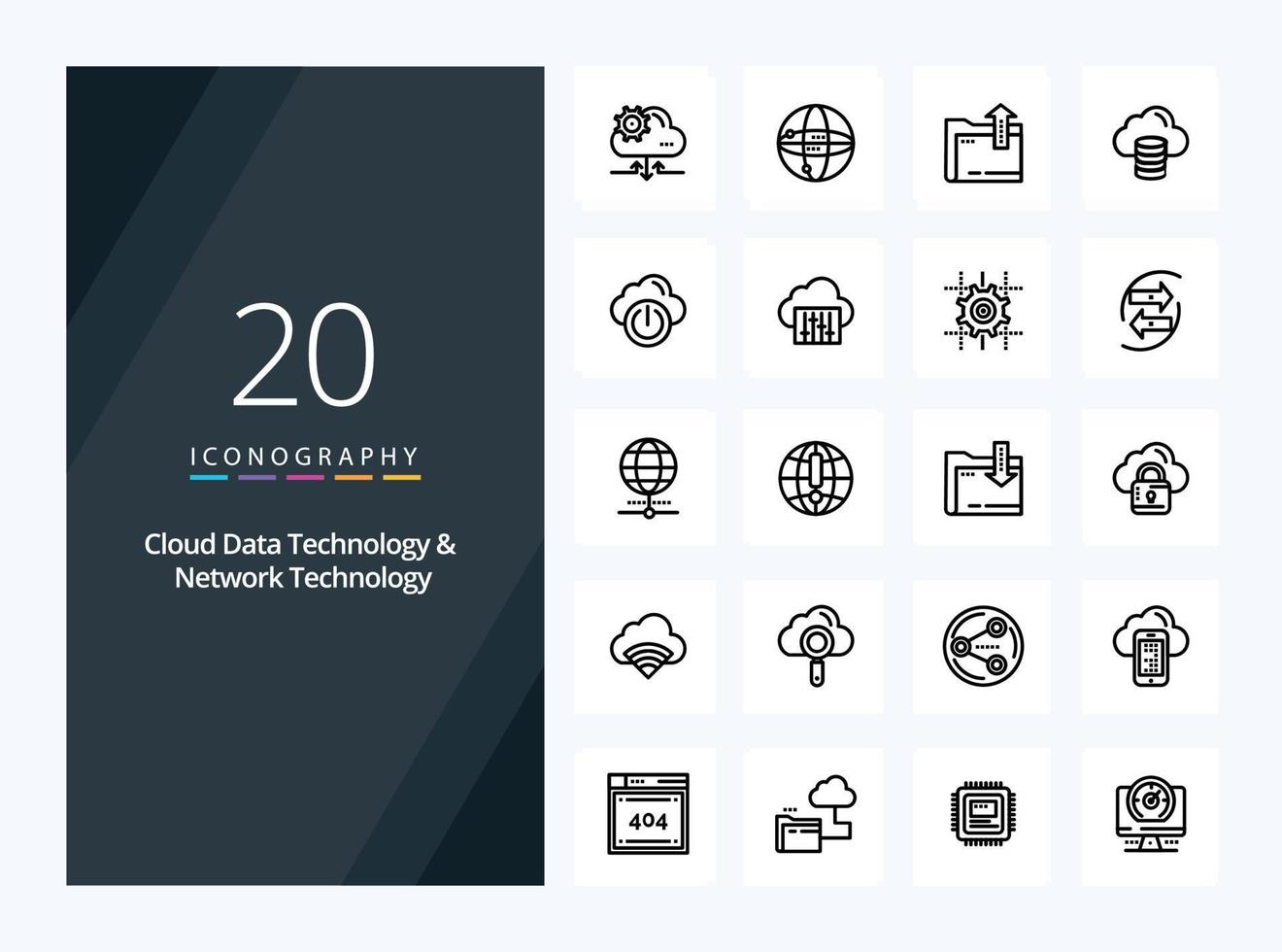 20 icono de esquema de tecnología de red y tecnología de datos en la nube para presentación vector