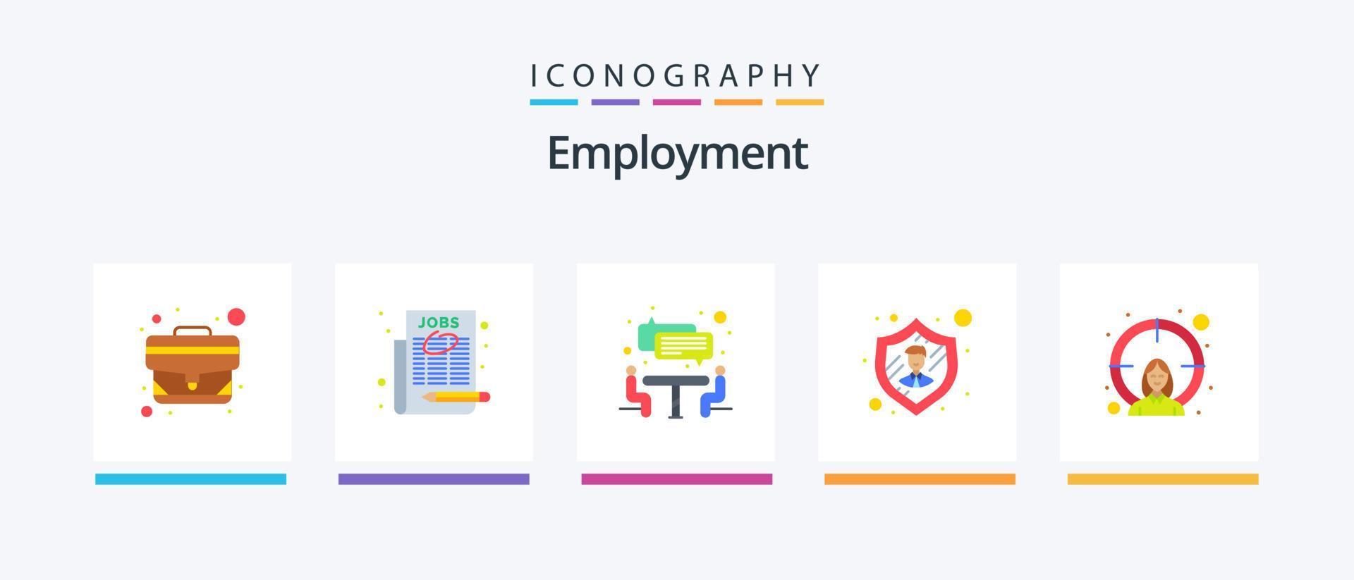 paquete de iconos de 5 planos de empleo que incluye el objetivo. femenino. entrevista. empleado. seguridad. diseño de iconos creativos vector