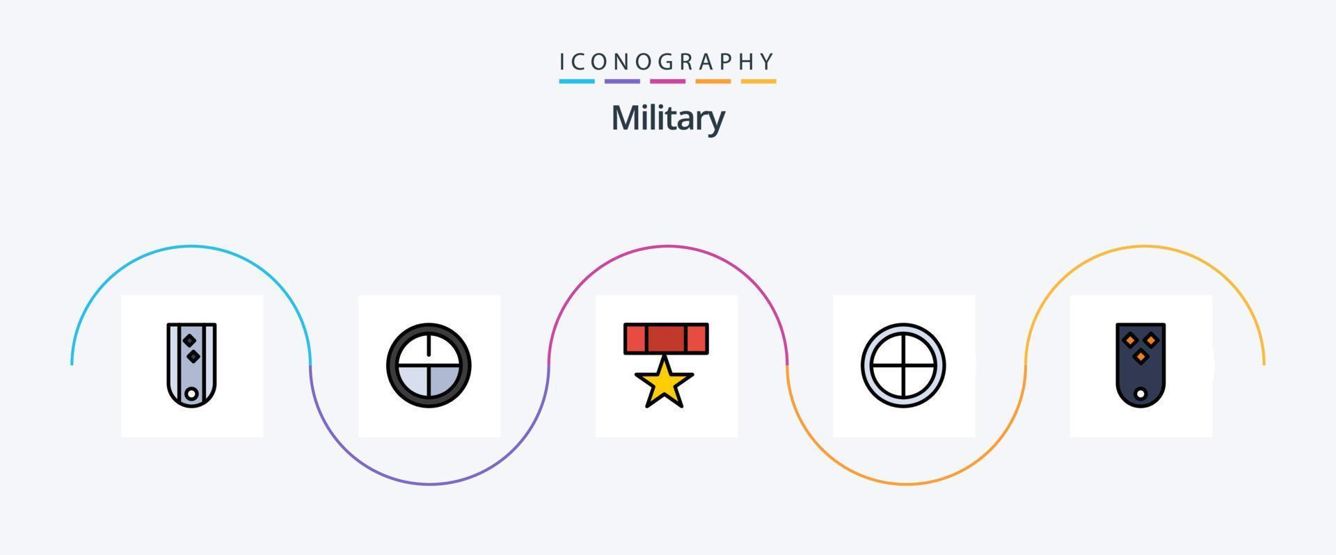 paquete de iconos de 5 planos llenos de línea militar que incluye el objetivo. militar. otorgar. insignia. estrella vector