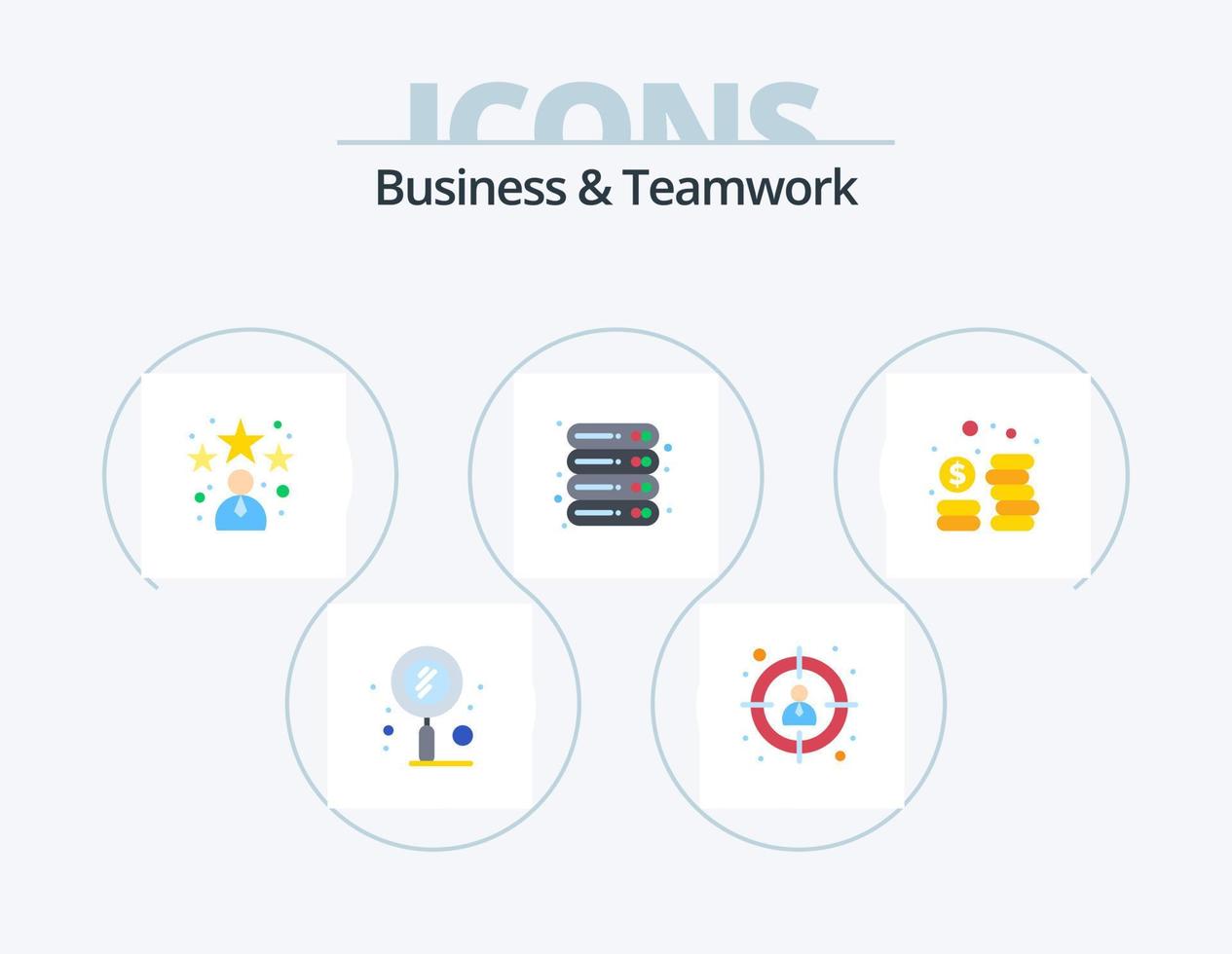 diseño de iconos de paquete de iconos planos de negocios y trabajo en equipo 5. dinero en efectivo. servidor. avatar. oficina. datos vector