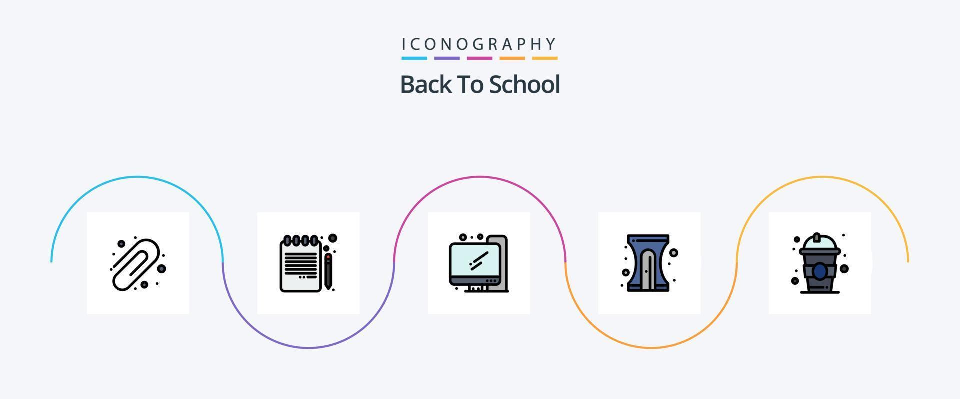 la línea de regreso a la escuela llenó el paquete de iconos planos 5 que incluye el regreso a la escuela. jugo. educación. beber. lápiz vector