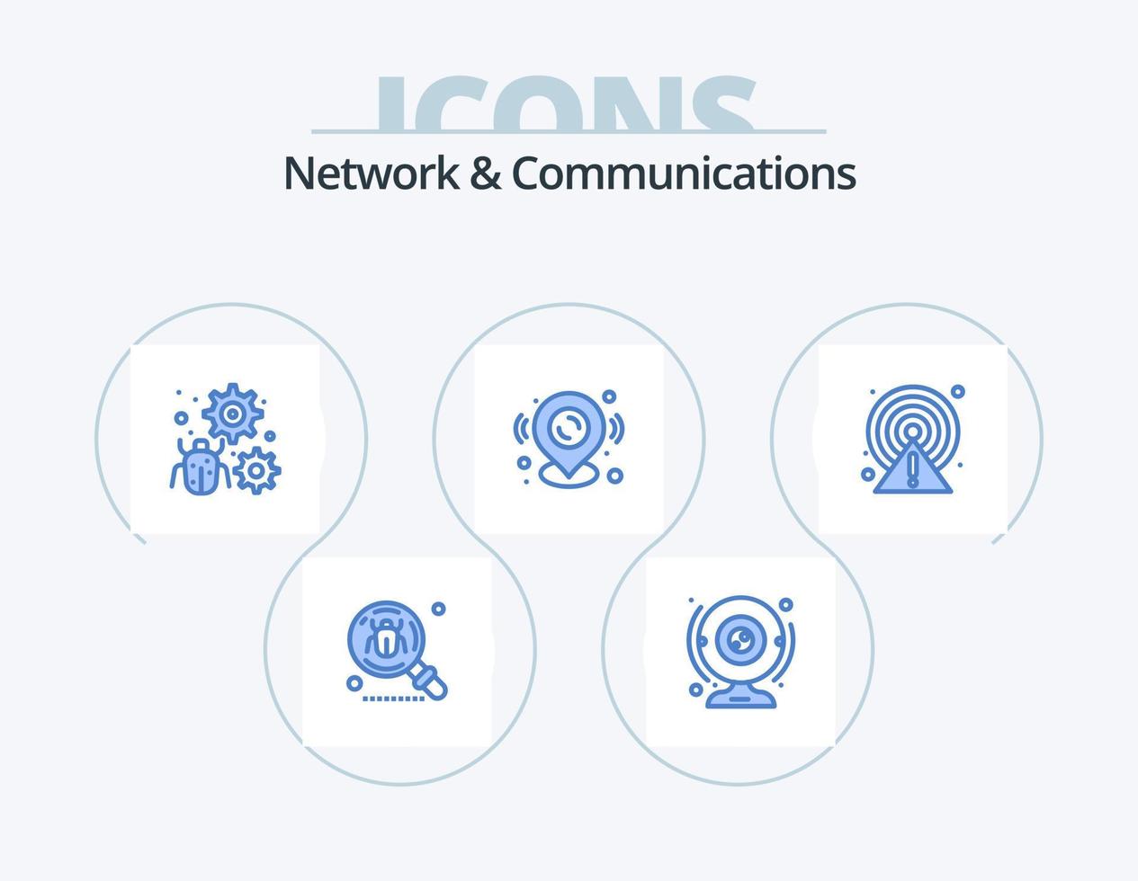 Network And Communications Blue Icon Pack 5 Icon Design. location. pin. computer. gear. bug vector