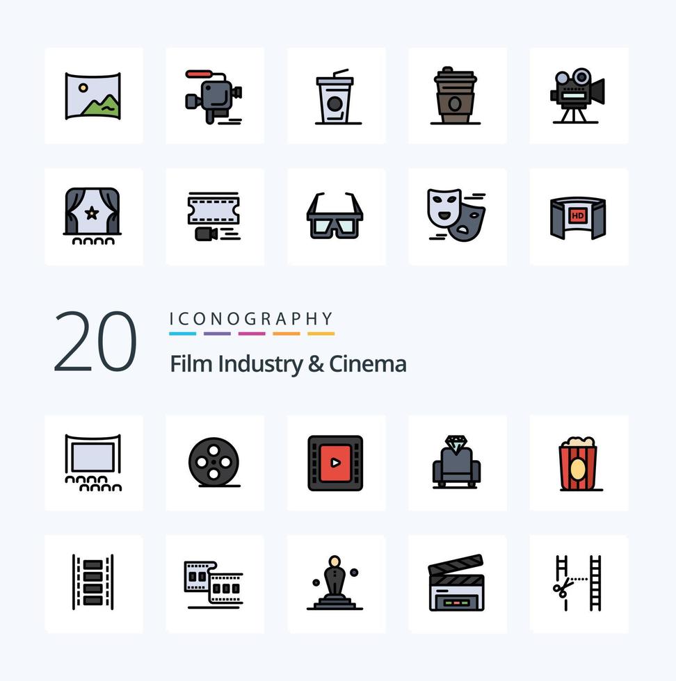 20 Cenima Line Filled Color icon Pack like crowd audience beverage video film camera vector