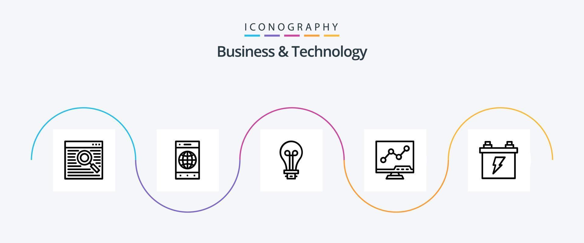 paquete de iconos de la línea 5 de negocios y tecnología que incluye batería. pantalla. bulbo. LCD. analítico vector