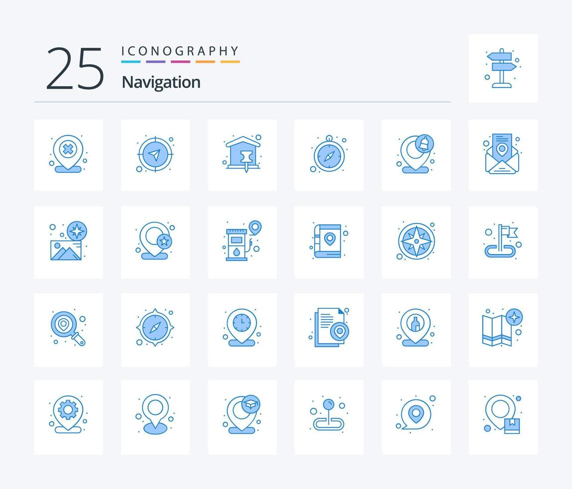 Navigation 25 Blue Color icon pack including gps. stop watch. direction. pin. location vector