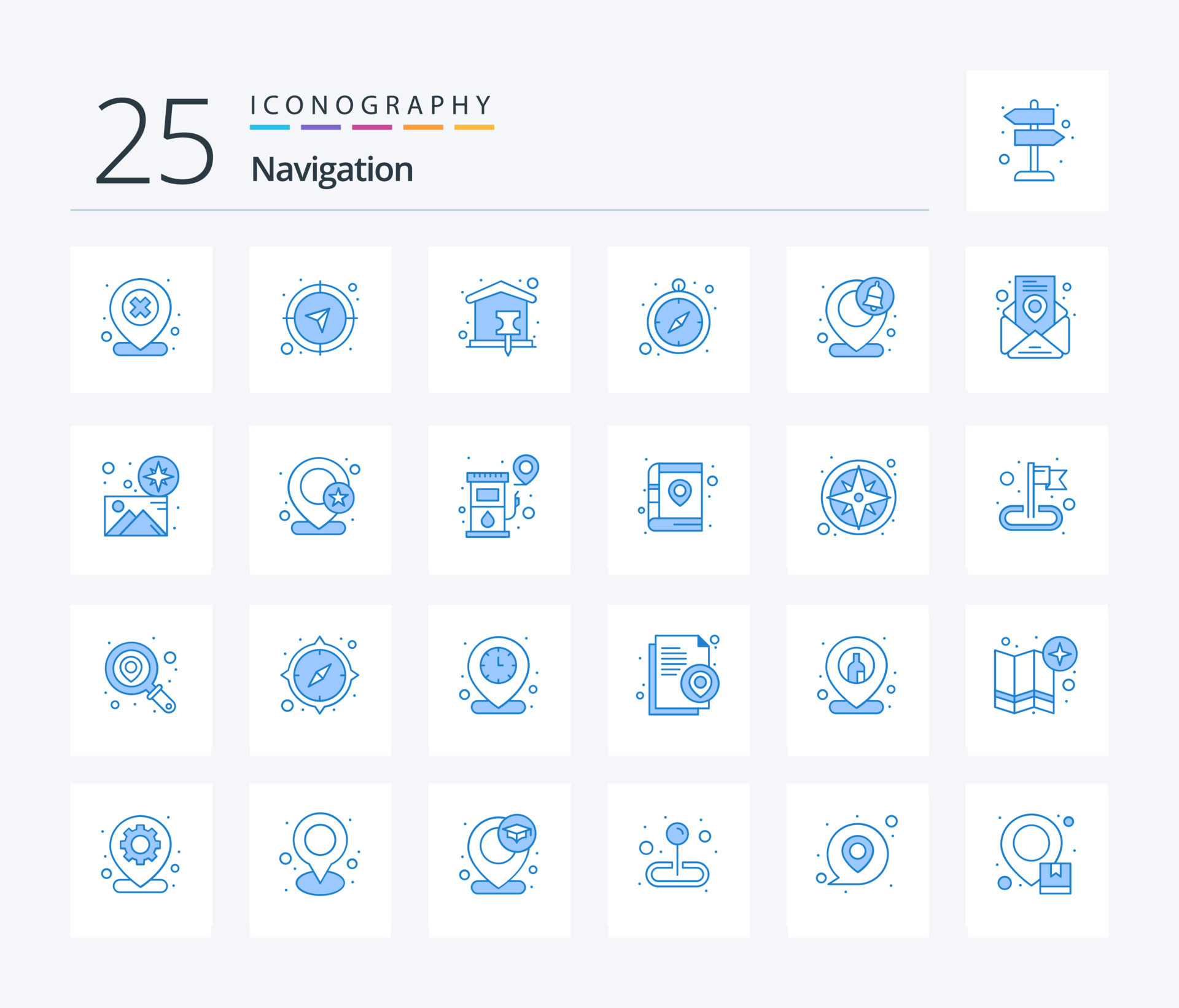 Navigation 25 Blue Color icon pack including gps. stop watch. direction