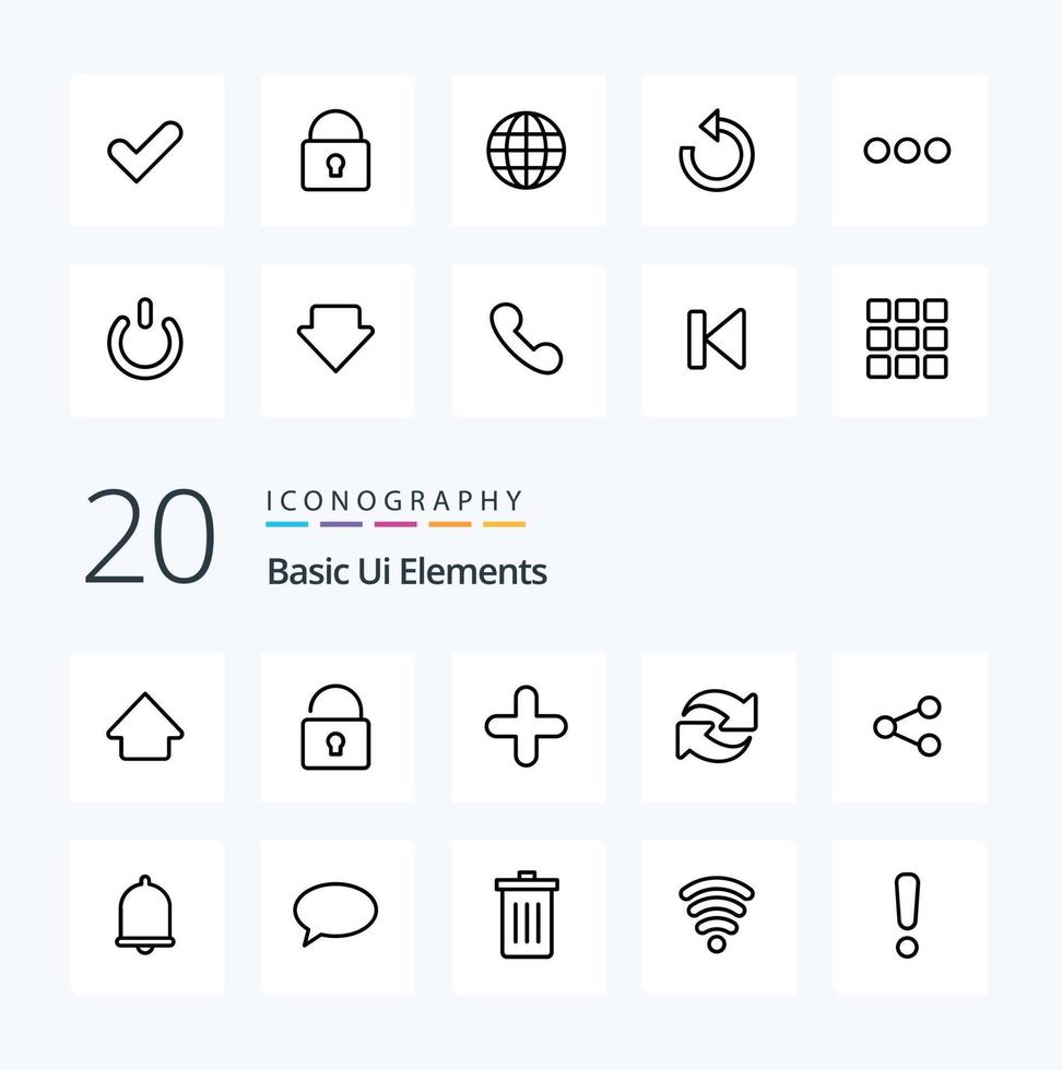 20 Basic Ui Elements Line icon Pack like login security plus lock tick vector