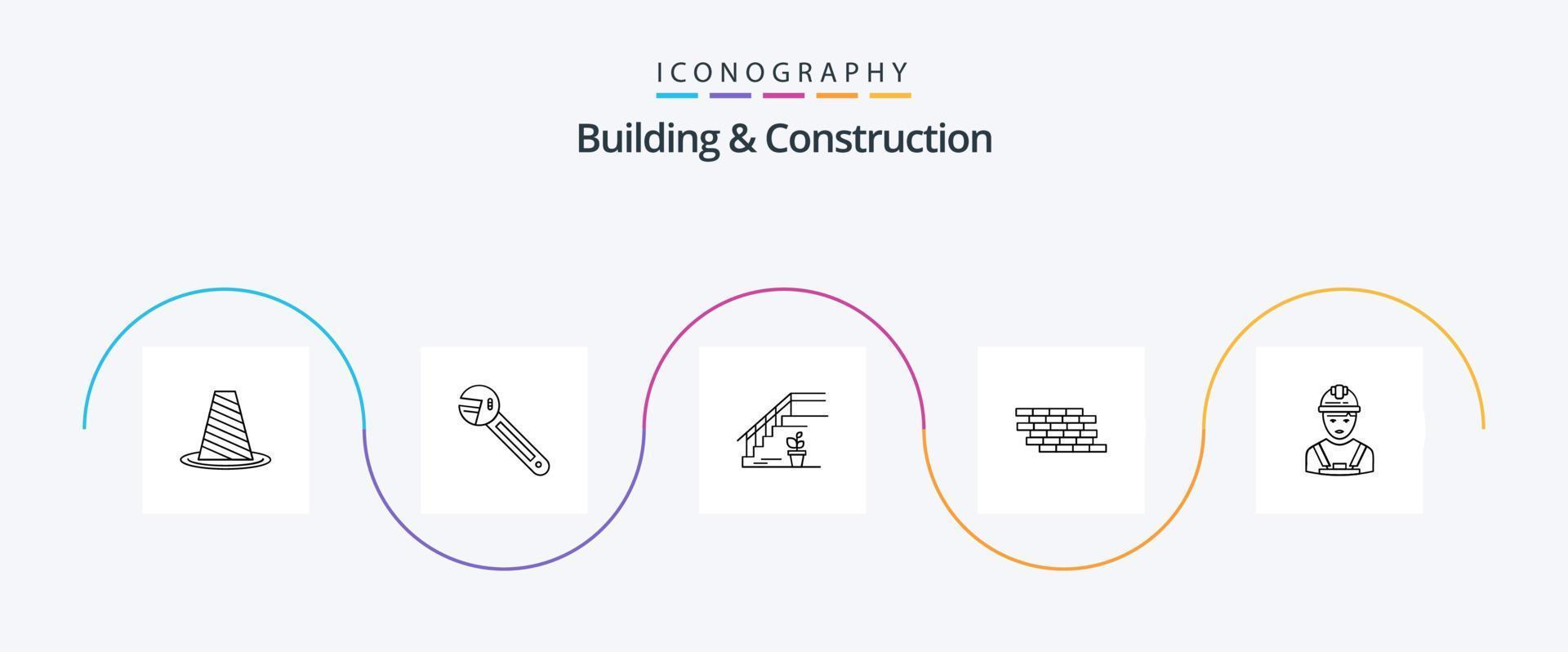 Building And Construction Line 5 Icon Pack Including security. home. tool. stage. upstairs vector