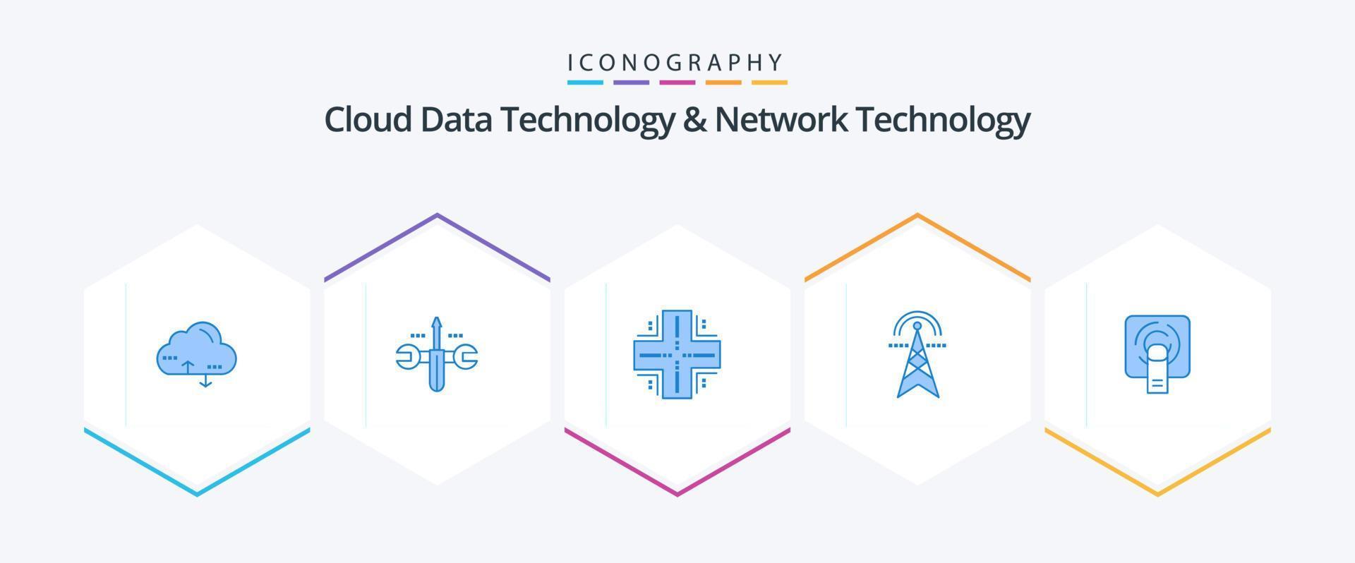 tecnología de datos en la nube y tecnología de red 25 paquete de iconos azules que incluye computación. fuerza. informática. electricidad. servidor vector