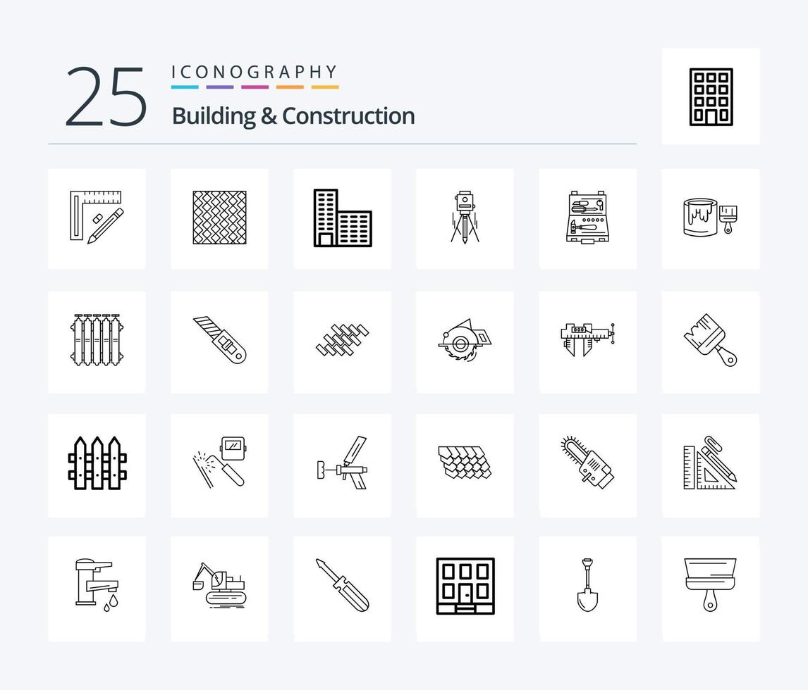 paquete de iconos de 25 líneas de construcción y construcción, incluida la construcción. láser. cuadrado. construcción. arquitectura vector