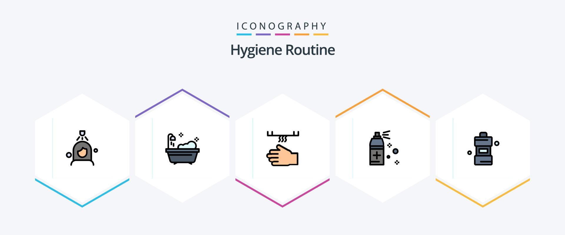 Hygiene Routine 25 FilledLine icon pack including cleaning. bathroom