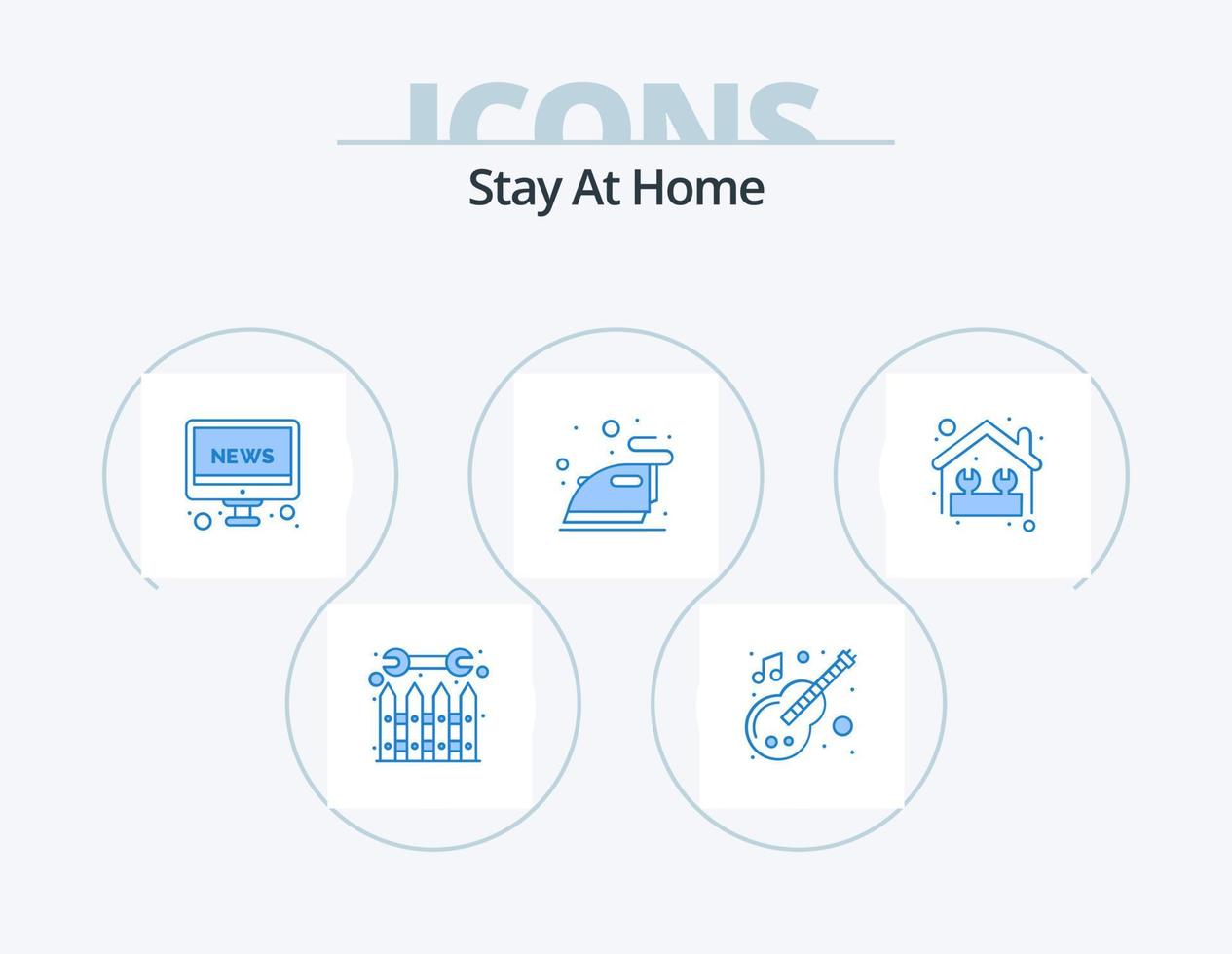 Stay At Home Blue Icon Pack 5 Icon Design. home repair. steaming. music. ironing. tv vector