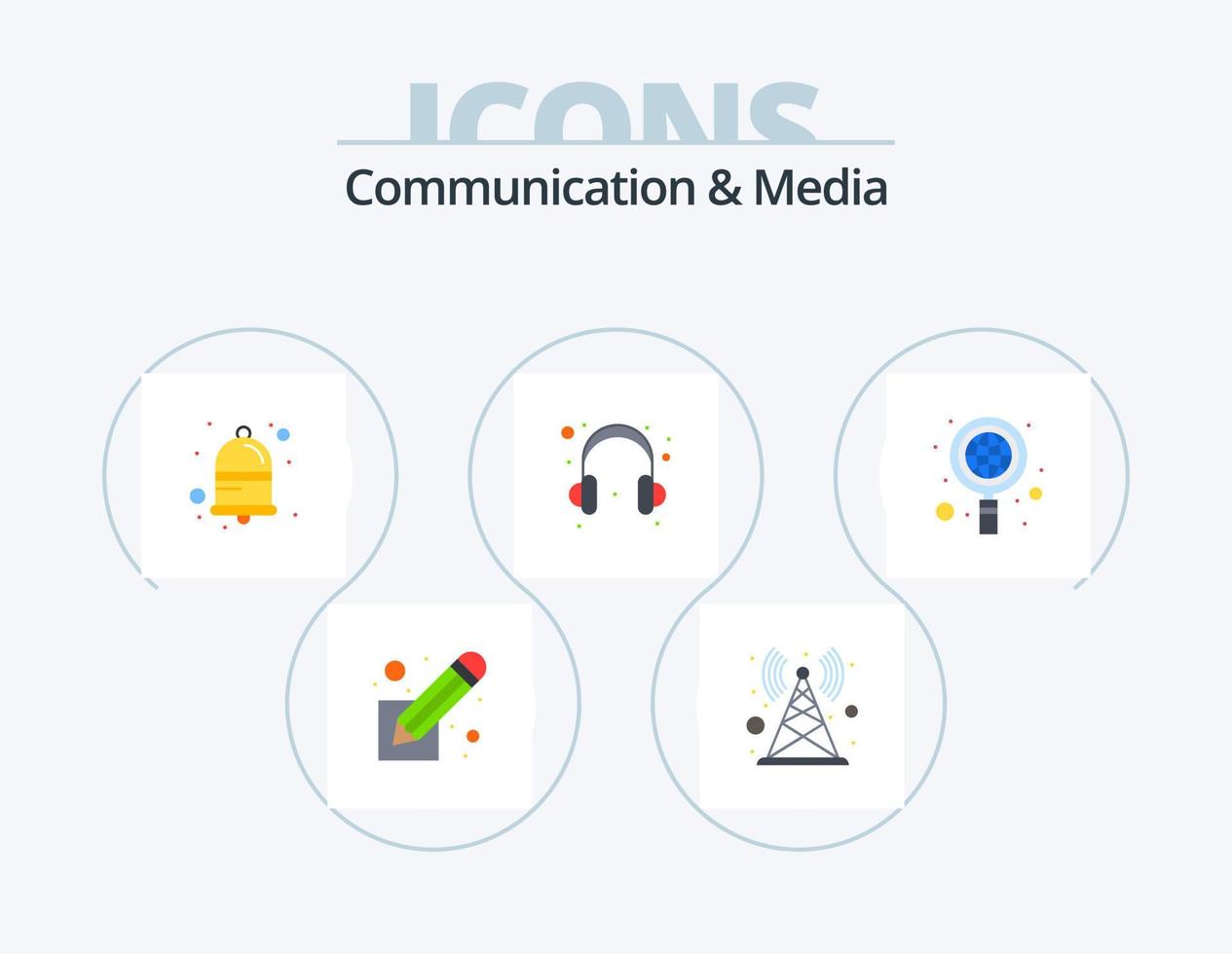 paquete de iconos planos de comunicación y medios 5 diseño de iconos. buscar. negocio. campana. apoyo. auriculares vector