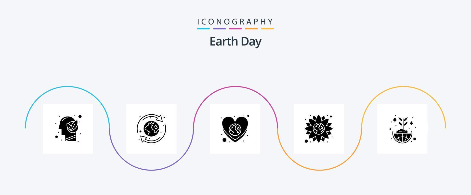 Earth Day Glyph 5 Icon Pack Including green. environmental protection. heart. world. flower vector