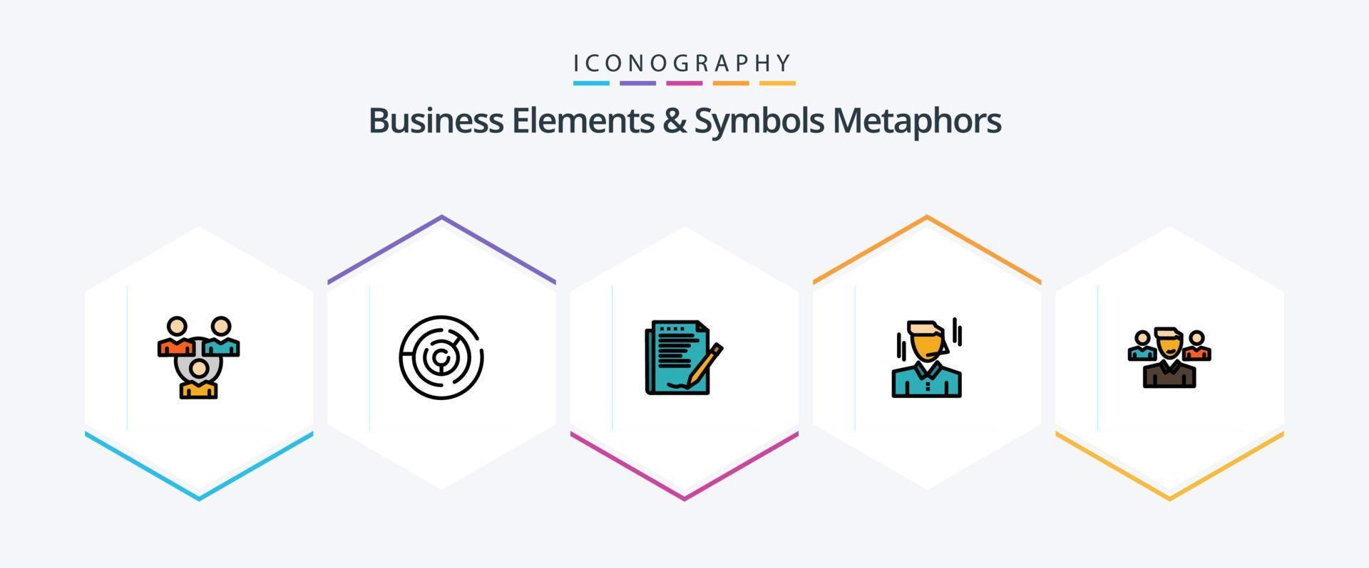 Business Elements And Symbols Metaphors 25 FilledLine icon pack including man. manager. point. businessman. layout vector
