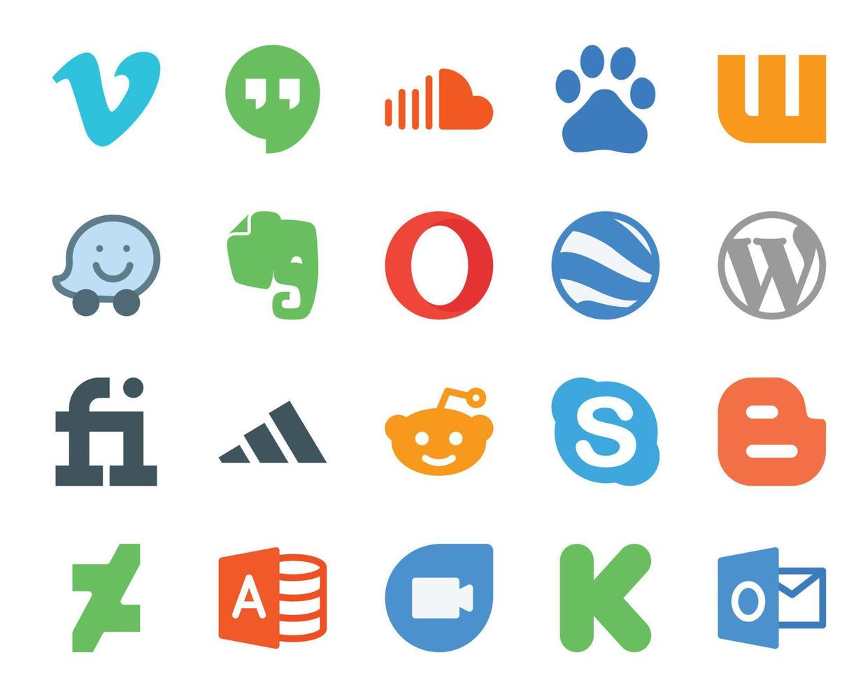 20 Social Media Icon Pack Including skype adidas waze fiverr wordpress vector