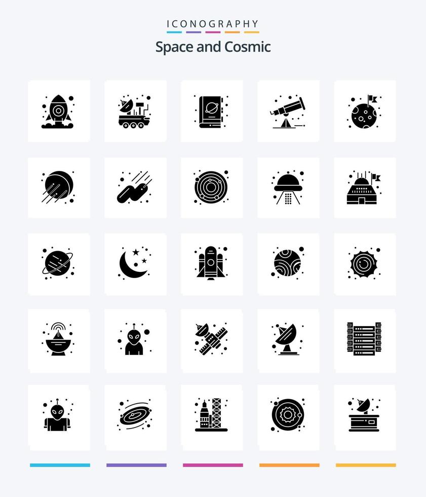 Creative Space 25 Glyph Solid Black icon pack  Such As moon. telescope. book. space. space vector