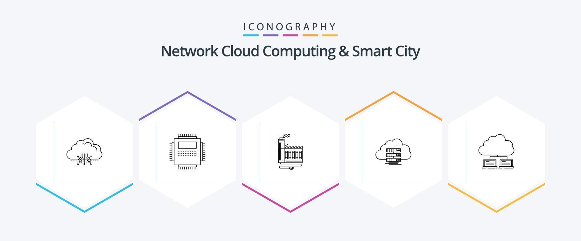 Network Cloud Computing And Smart City 25 Line icon pack including storage. pc. manufacturing. energy vector