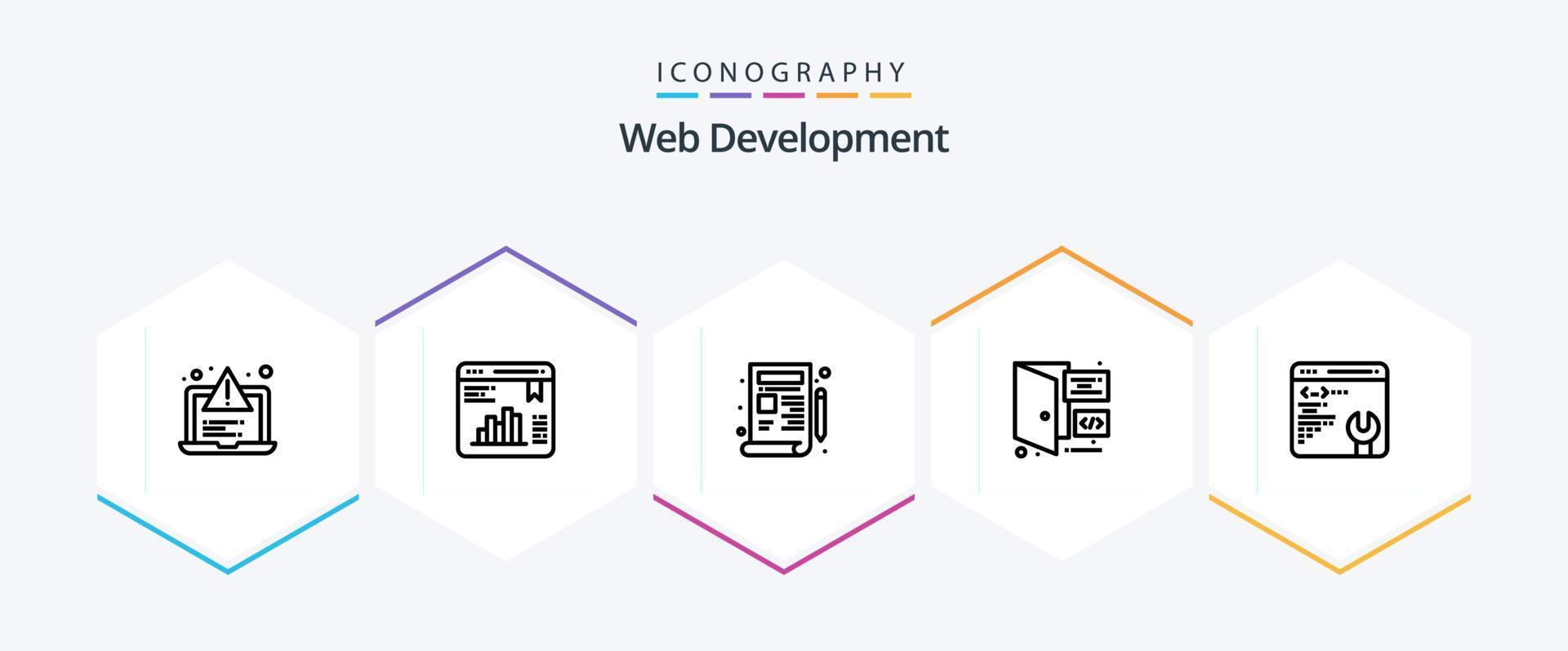 paquete de iconos de 25 líneas de desarrollo web que incluye página web. página. Plano. desarrollo. navegador vector