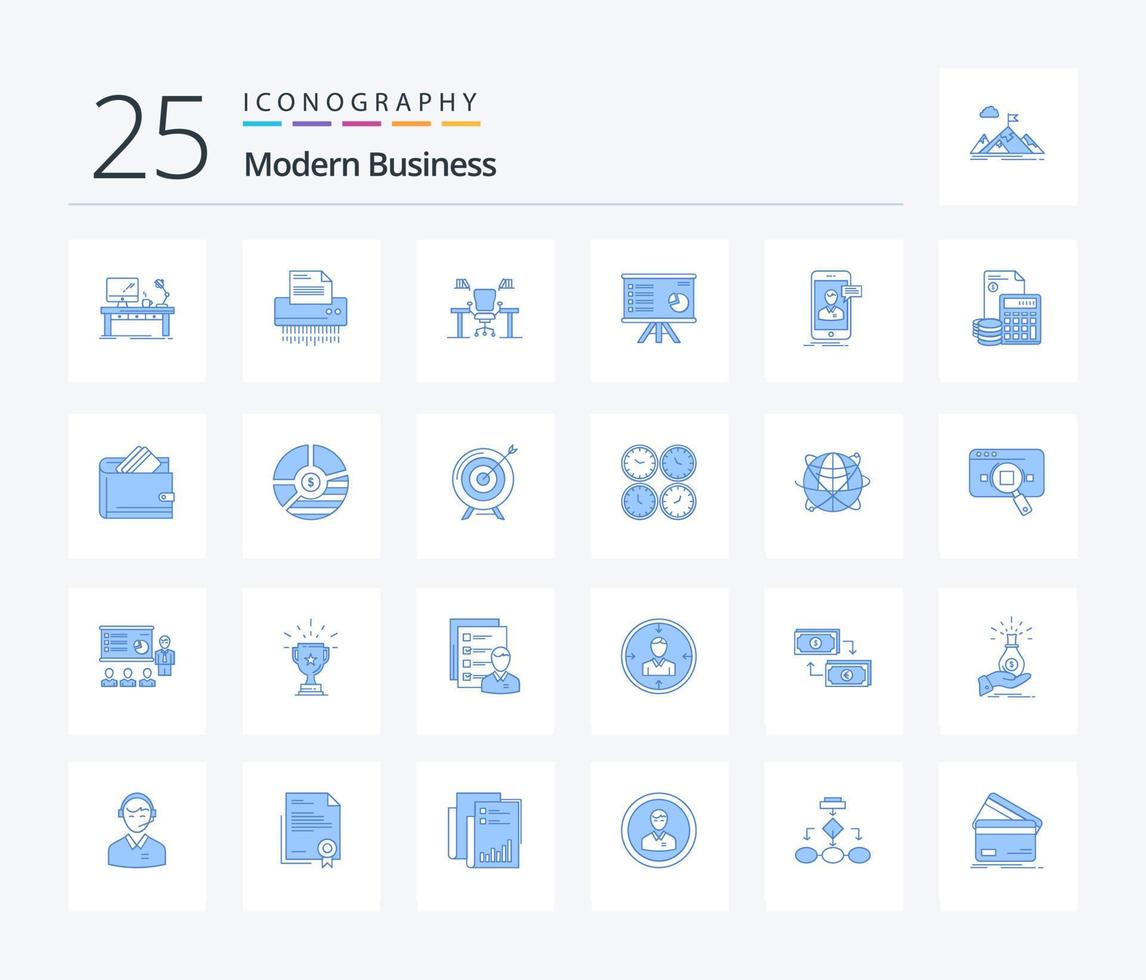 paquete de iconos de color azul de 25 negocios modernos que incluye computadora. negocio. confidencial. mesa. oficina vector