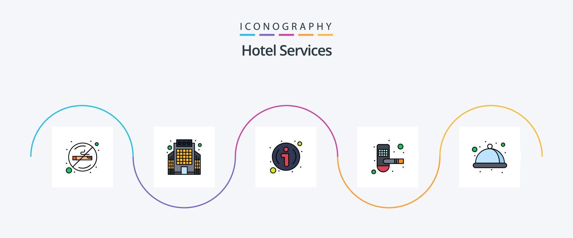 Hotel Services Line Filled Flat 5 Icon Pack Including premium. lock. desk. keycard. door vector