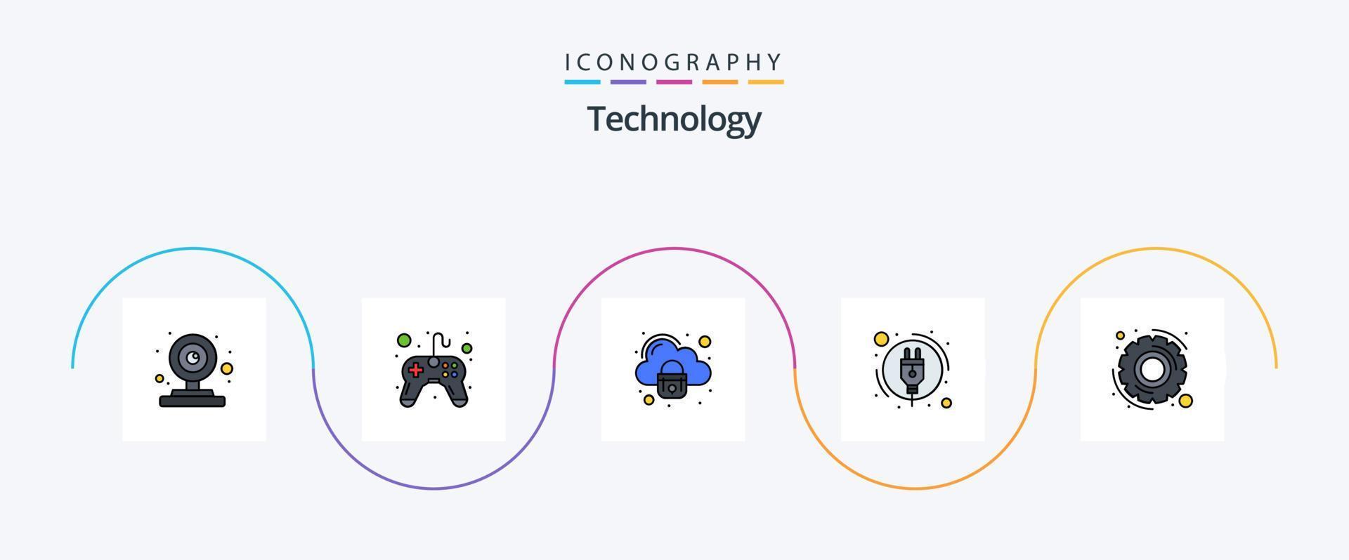 Technology Line Filled Flat 5 Icon Pack Including settings. gear. security. power. energy consumption vector