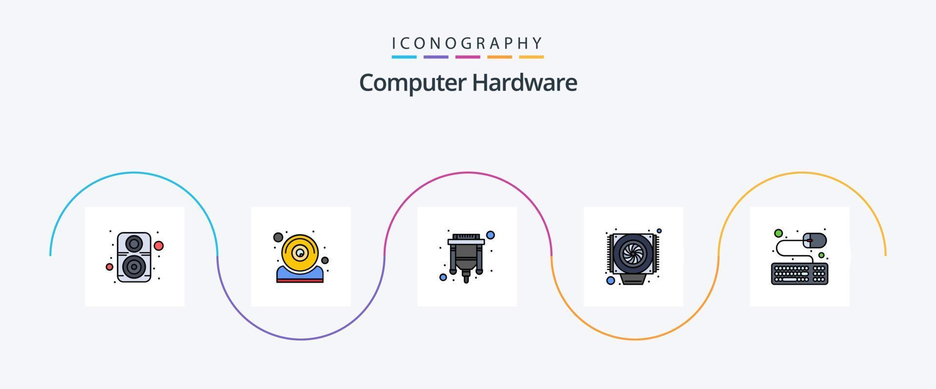 Computer Hardware Line Filled Flat 5 Icon Pack Including mouse. accessories. cable. fan. computer vector