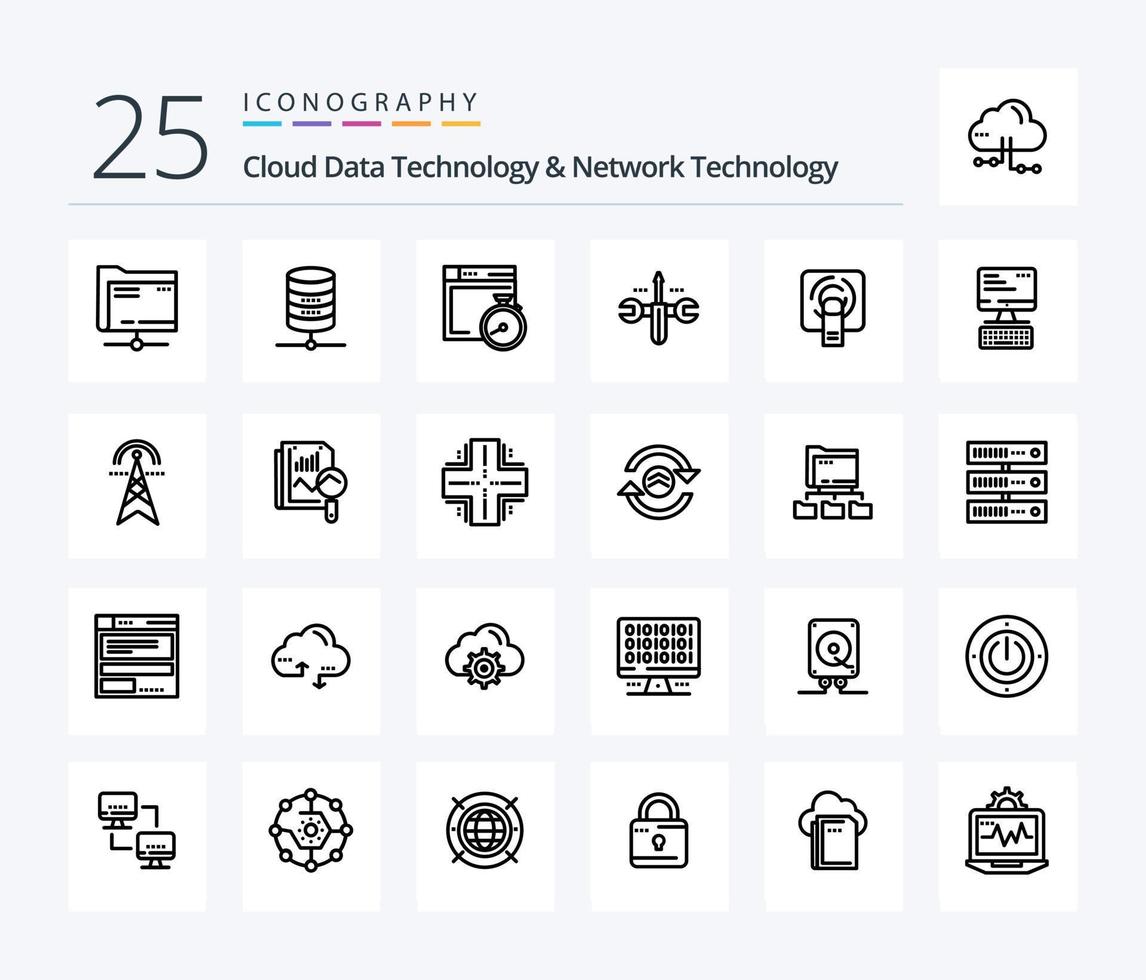 Cloud Data Technology And Network Technology 25 Line icon pack including tuch . toolings. file . screwdriver. cloud vector