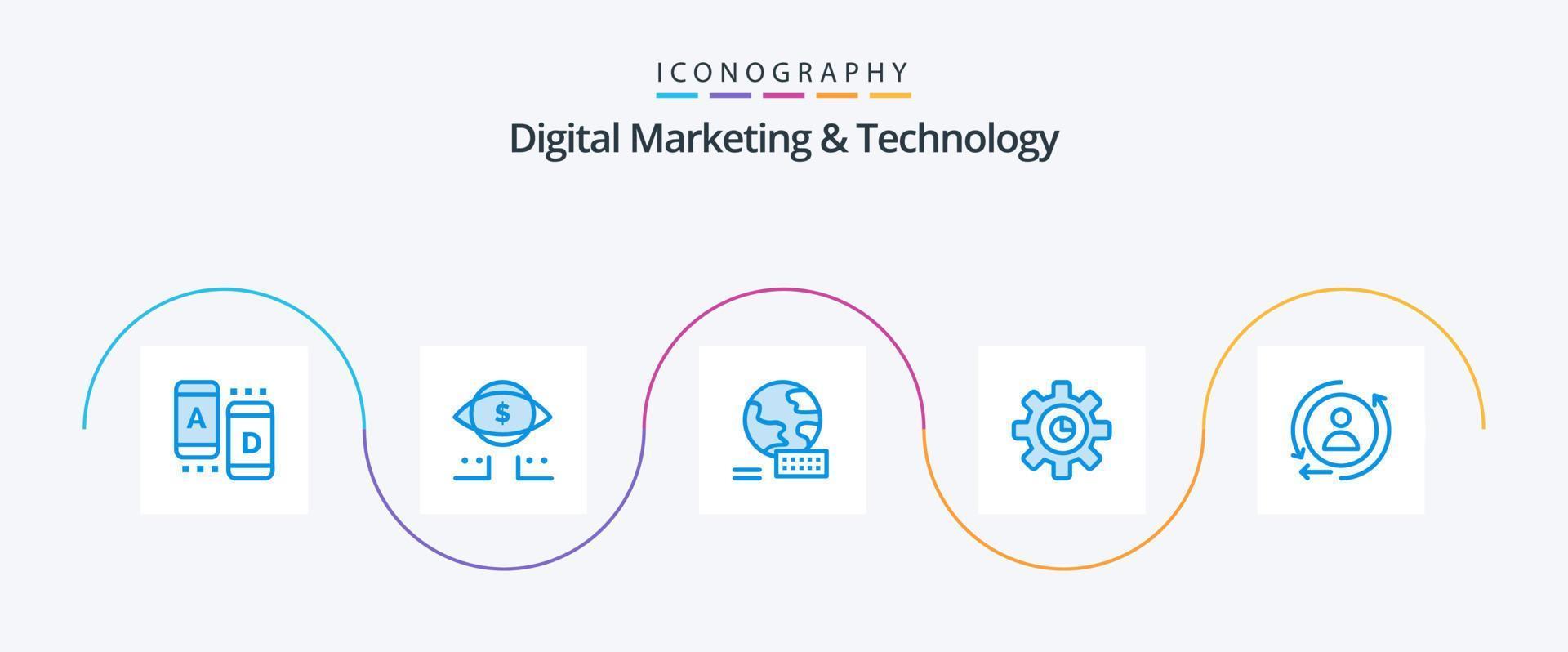paquete de iconos azul 5 de marketing digital y tecnología que incluye remarketing. digital. mundo. configuración. marketing vector