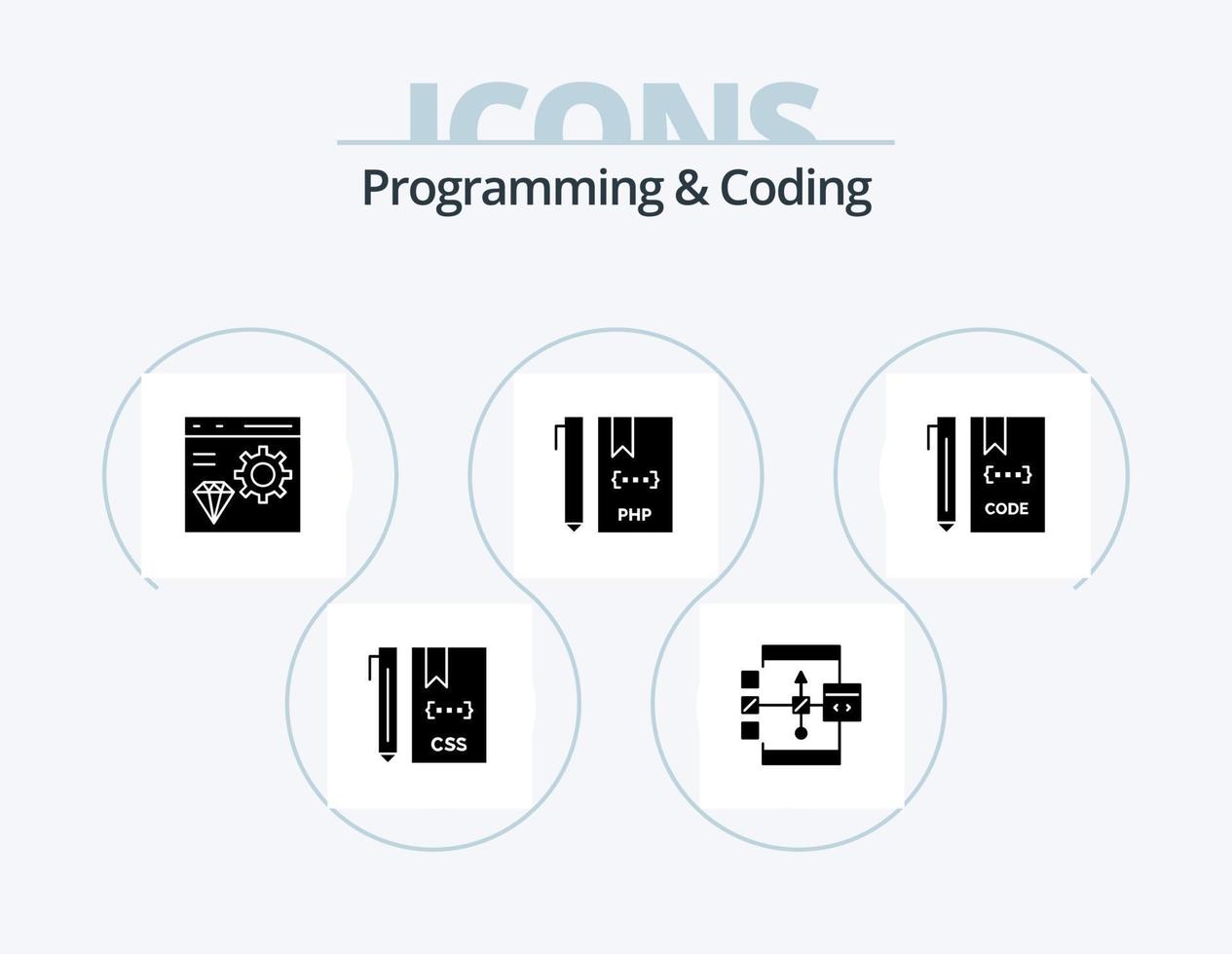 Programming And Coding Glyph Icon Pack 5 Icon Design. development. coding. development. development. coding vector