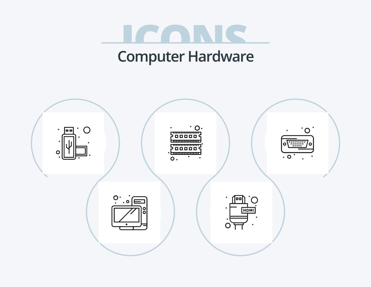 Computer Hardware Line Icon Pack 5 Icon Design. music. computer. close. power supply. plug vector
