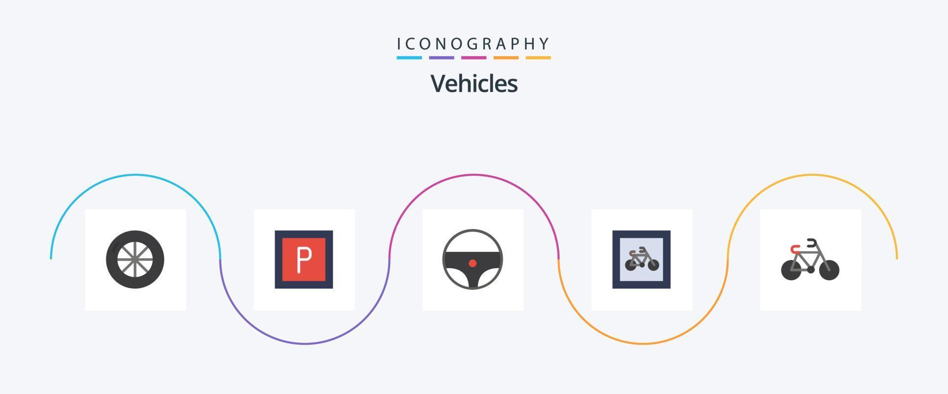 Paquete de 5 iconos planos de vehículos que incluye. estacionamiento. transporte. bicicleta vector