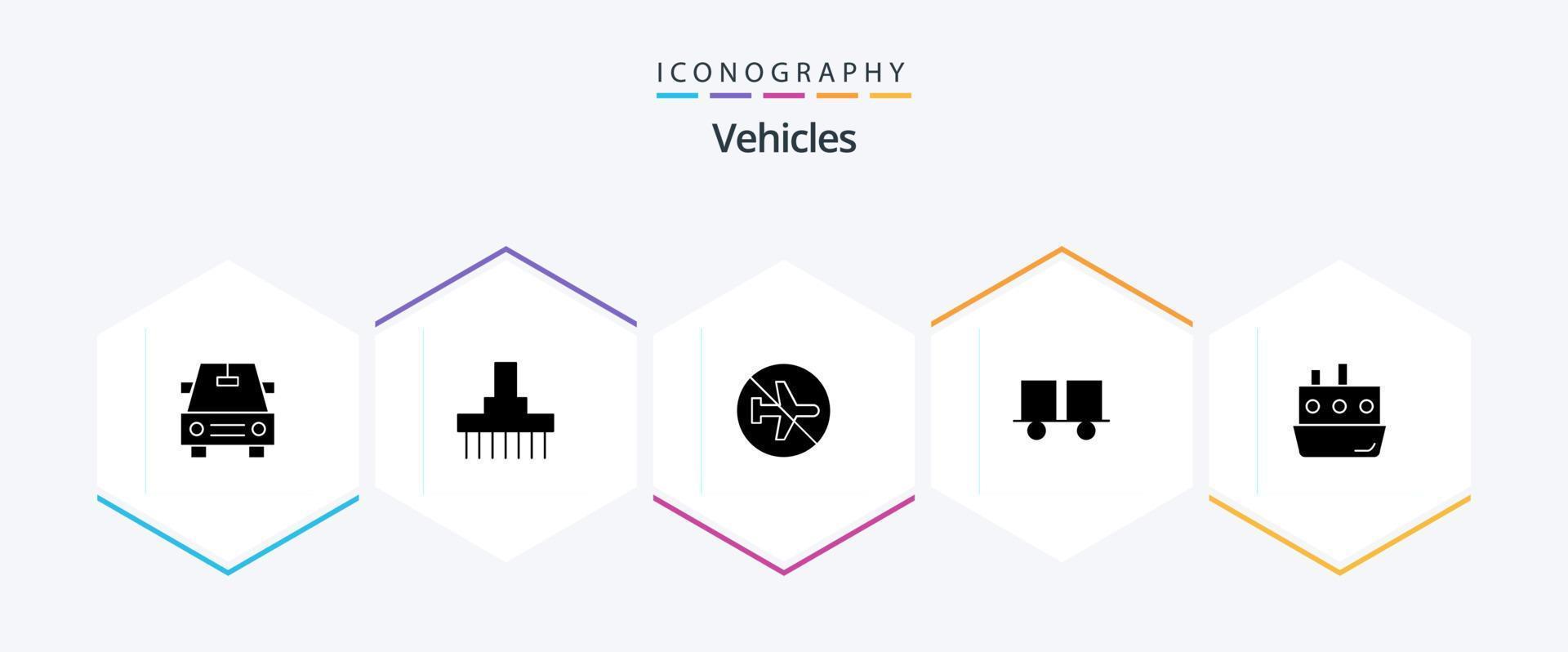 Vehicles 25 Glyph icon pack including boat. forklift truck. disabled. forklift. caterpillar vehicles vector