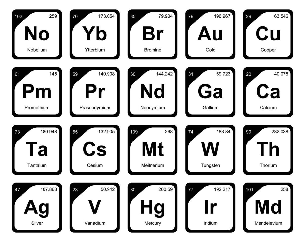 diseño de paquete de iconos de 20 tablas preiodicas de los elementos vector