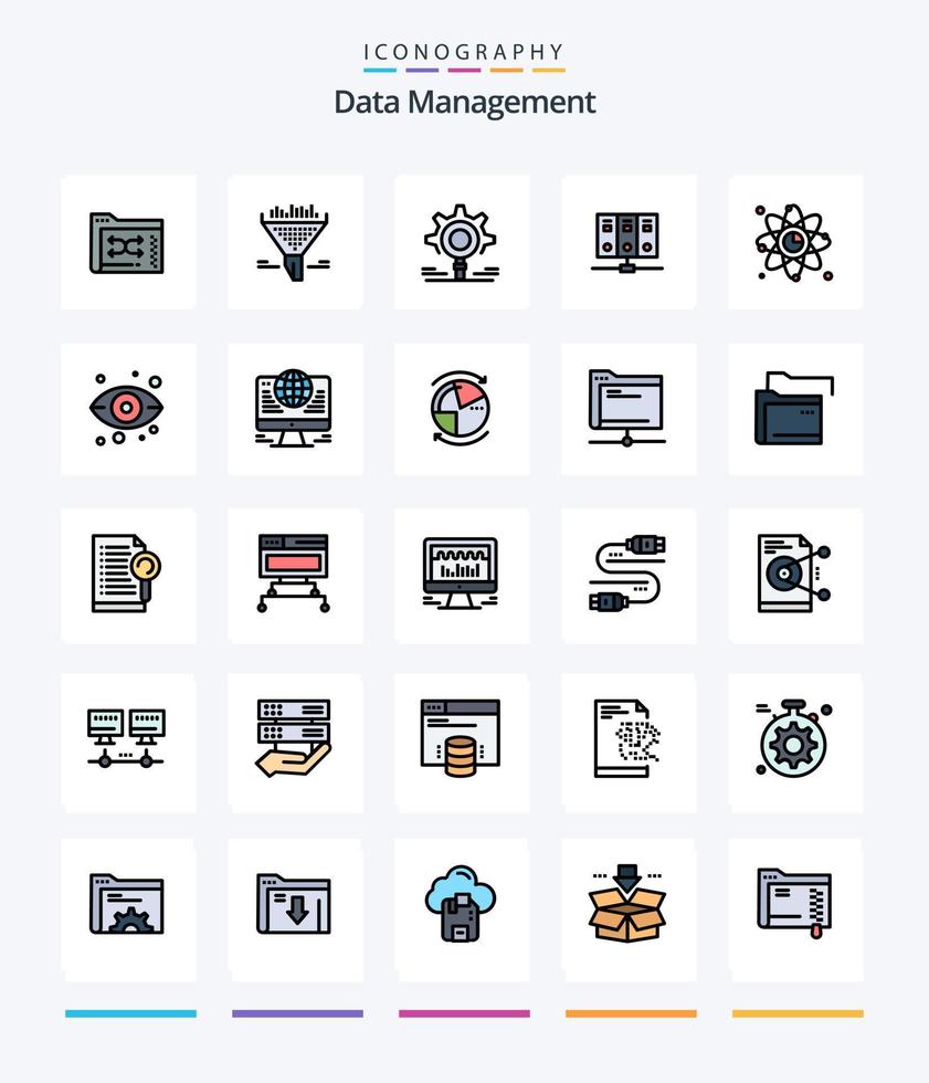 Creative Data Management 25 Line FIlled icon pack  Such As atom. server. sort. mainframe. setting vector